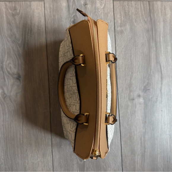 Calvin Klein White & Tan Monogram Signature Everlee Satchel Handbag - Picture 4 of 5
